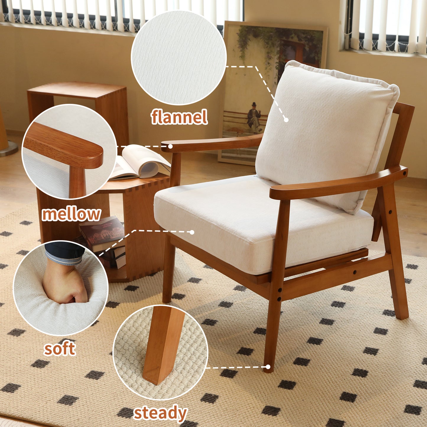 Accent Chair with Solid Wood Frame - White Fabric Cushion
