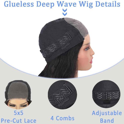 Pinketer Glueless Wigs Human Hair Pre Cut 5x5 Lace Closure Deep Wave Wig 180% Density Wear and Go Human Hair Curly Wigs for Black Women Natural Black Color Small Head Friendly 26Inch