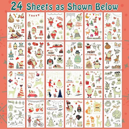 Partywind 235 Styles Glow Christmas Tattoos for Kids Stocking Stuffers, Luminous Christmas Party Decorations Supplies Favors, Holiday Party Games Toys, Santa Snowflake Decor (24 Sheets)