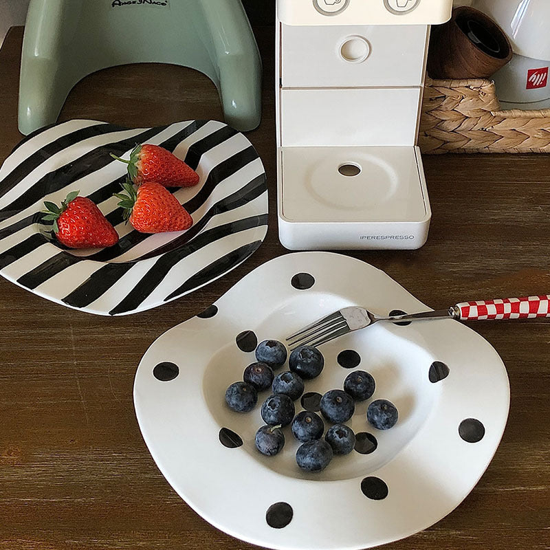 8-Inch Porcelain Breakfast Plate with Dot and Stripe Designs - Irregular Underglaze