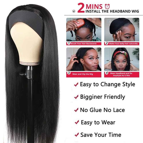 Unvizossa Headband Wig Straight Human Hair Wigs for Black Women Glueless None Lace Front Human Hair Brazilian Virgin Hair Machine Made Headband Wigs 150% Density Natural Color 24 Inch