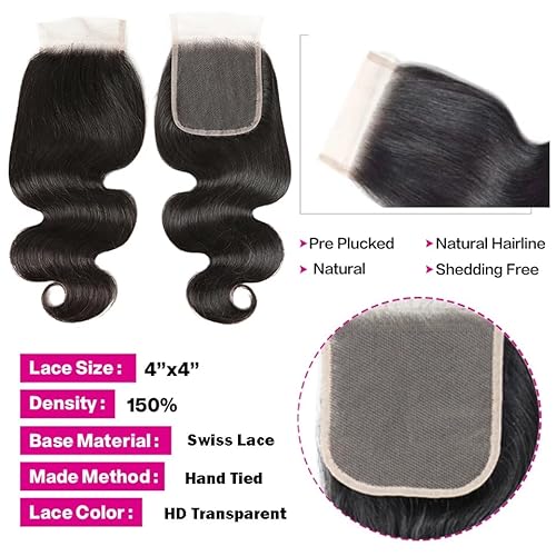 Human Hair Bundles with Closure 18 20 22+16 Inch 100% Brazilian Virgin Human Hair Weave Body Wave 3 Bundles with 4x4 Lace Closure
