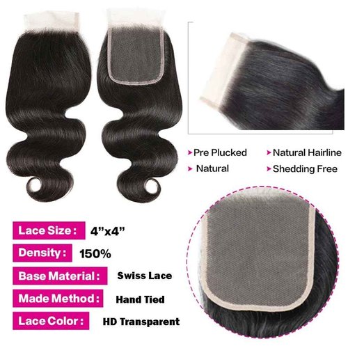 SIIKAP 10A Brazilian Human Hair Bundles Body Wave 3 Bundles with Lace Closure 4x4 Free Part Unprocessed Body Wave Human Hair Bundles with Closure (20 22 24+18) Natural Color