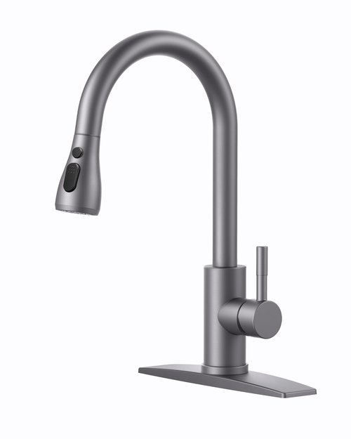 FORIOUS Kitchen Faucets with Pull Down Sprayer, High Arc Single Handle Classic Stainless Steel Sink Faucet 1 or 3 Hole, Suitable for Farmhouse Camper Laundry Rv Bar, Grey