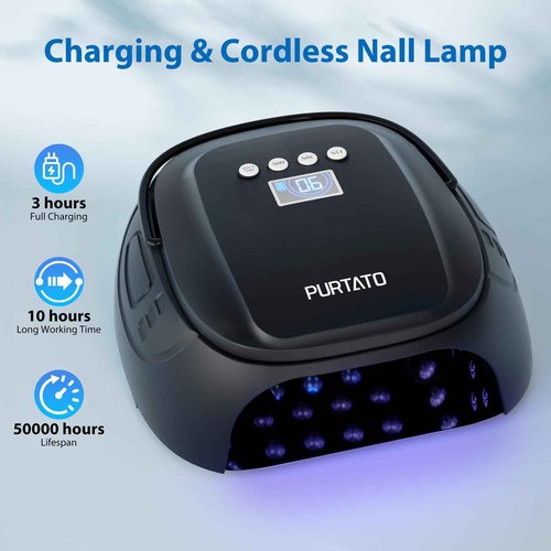 Purtato 126W Cordless Rechargeable UV LED Nail Lamp, Fast Curing Gel Nail Dryer with 4 Timers, Portable Professional Nail Light for Salon and Home (Matte Black)