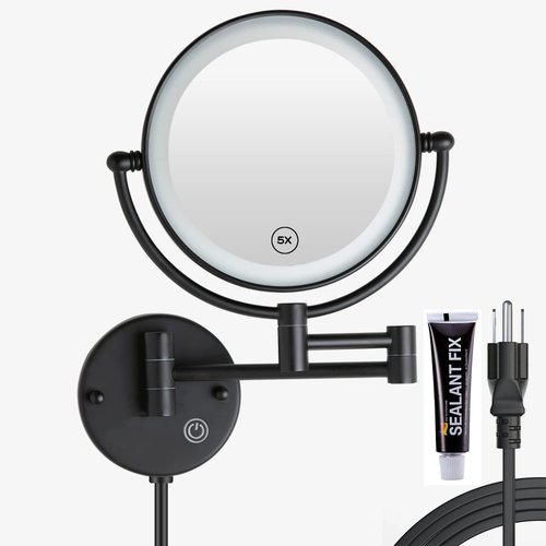RECKODOR 8" Brass Wall Mounted Lighted Makeup Vanity Mirror with Magnification, 1X/5X Double Sided Bathroom Magnifying Mirrorwith with Dimmable LED Lights, Matt Black, Plug Powered