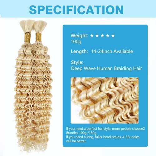 SOYI HAIR 613 Blonde Human Braiding Hair, Deep Water Wave, 100g, 22 Inch, Curly, Boho Braids, No Weft, 2 Braids Per Pack, Wet and Wavy