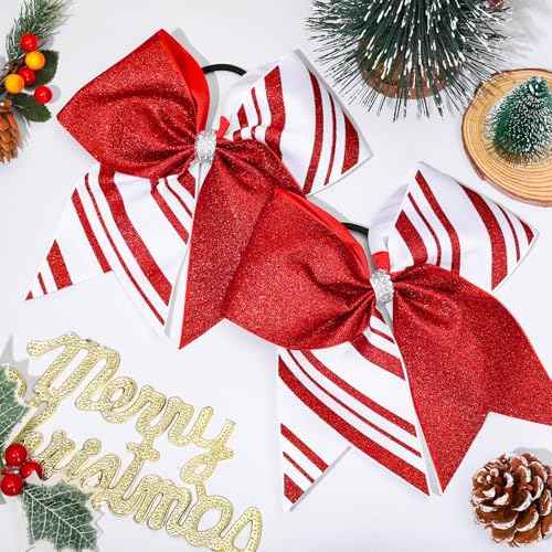 4Pcs Christmas Cheer Hair Bows Scrunchies Glitter Red Candy Striped Ribbon Bowknot Hair Ties Xmas Ponytail Holder for Women Winter Birthday Costume Supplies