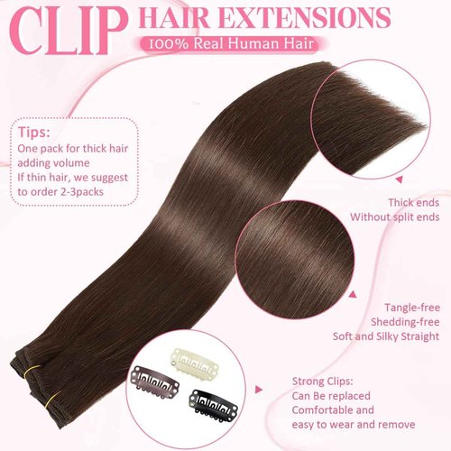 Tebelove Clip in Hair Extensions Real Human Hair 4.3oz/120g Clip ins 100% Brazilian Remy Human Hair Extension for Women 8pcs Per Set with 18 Clips Double Weft (24 Inch #4 Chocolate Brown)