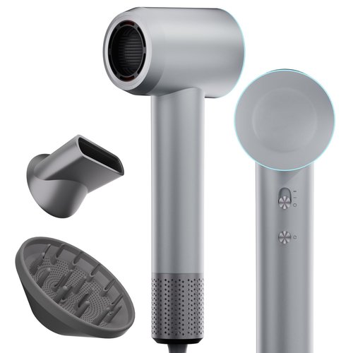 Hair Dryer, 240000 RPM High-Speed Ionic Blow Dryer, 3 Temps/2 Speeds, Lightweight, Low Noise, with Magnetic Diffuser & Nozzle, Thermo-Control for Home Travel Salon, Silver