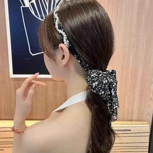 Long Hair Ribbons for Women Girls Flower Pearl Headband Hairband for Thick Thin Hair Elegant Bow Hairbands Non Slip Head Scarf Bands for Teen Girl Ponytail Hairclip Fashion HairAccessories for Women