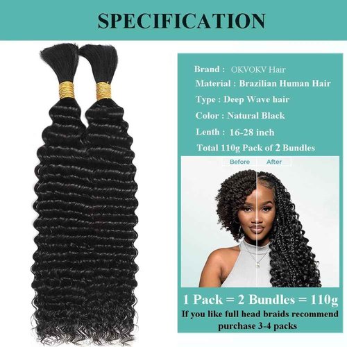 Human Braiding Hair for Boho Braids 24 Inch 110g Deep Wave Bulk Human Hair for Braiding No Weft 12A Curly Human Hair Extensions for Boho Braids 2 Bundle Wet and Wavy Human Hair