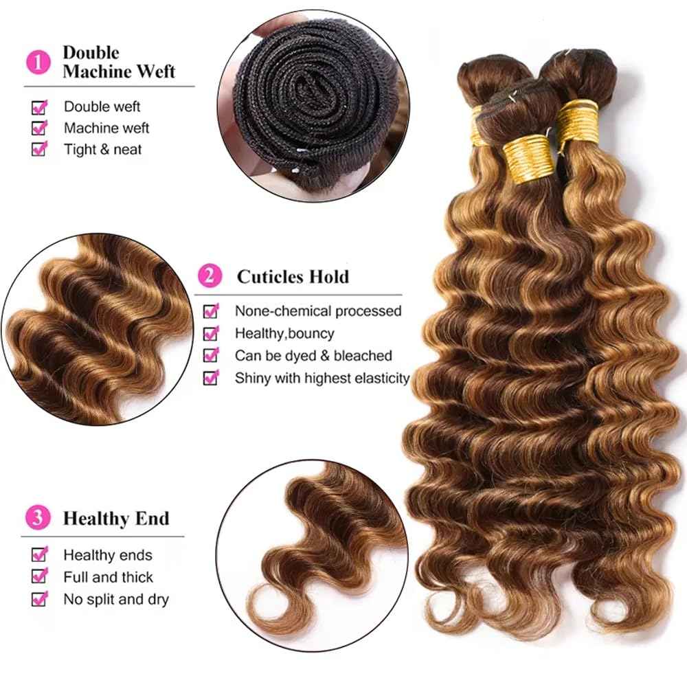 24 26 28 inch WuvuSnm Highlight Brown Human Hair Bundles p427 Deep Wave Bundle Honey Blonde Human Hair Weave Bundle
