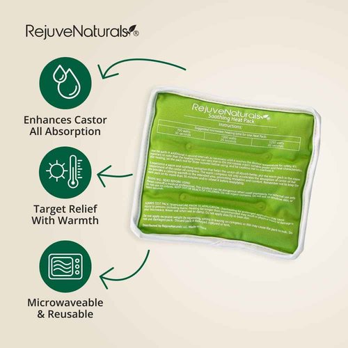 Castor Oil Pack - 8 Piece Complete Kit. Includes 16oz Glass Bottle of Organic Castor Oil, Easy to use Organic Cotton Compress with Adjustable Fit, 5 Soft Cotton Pads & Soothing Heat Pack..