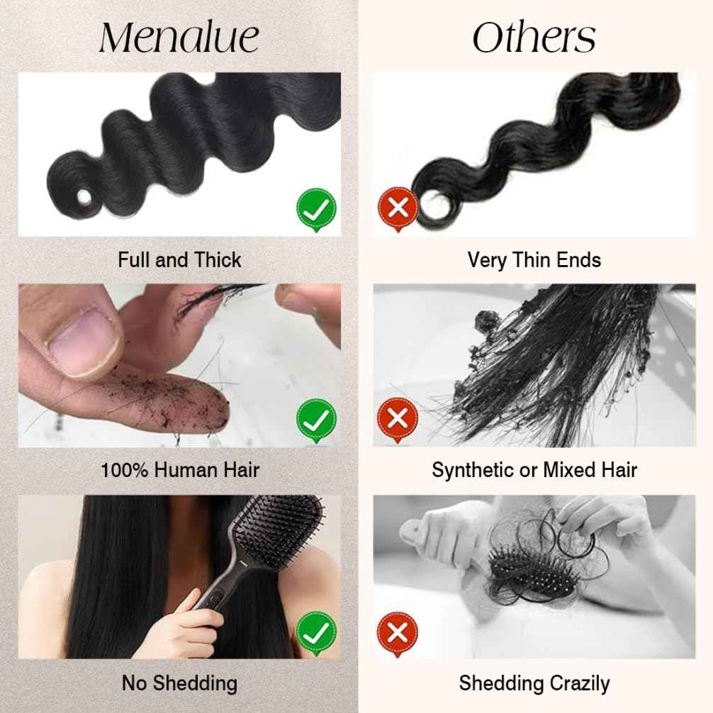 Menalue Human Hair Body Wave Bundles 14 16 18 Inch 16A Raw Vietnamese Virgin Human Hair Bundles Body Wave 3 Bundles Human Hair Full and Thick Natural Black Color Hair Extensions