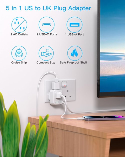 US to UK Ireland Travel Plug Adapter, HANYCONY Type G Travel Adapter 2 Outlets 3 USB Ports(2USB C), UK Power Adapter Converter for USA to Dubai England London Scotland British Kenya Irish Hongkong