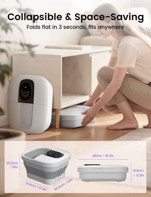 RIKE Collapsible Foot Spa with Heat, Bubbles, 24-Level Temp Control, Red Light, Timer, Foot Soaking Tub with 6 Shiatsu Rollers & Pumice Stone, Foot Bath Massager Pedicure FootSpa for Stress Relief