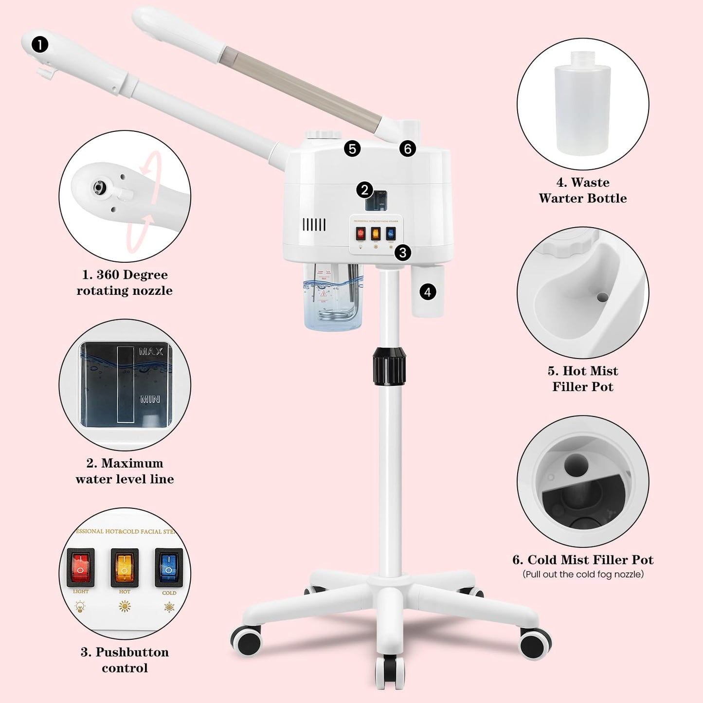 Professional Facial Steamer, 2 in 1 Face Steamer with Cold & Hot Mist, Ozone Facial Steamer with Timer Function, Stand Face Steamer Adjustable Height for Spa, Salon and at Home use