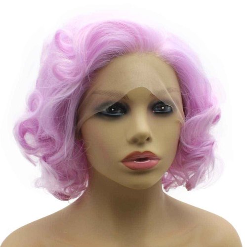 Iwonawig Short Curly Pastel Purple Wig Synthetic Lace Front Heat Resistant Fiber