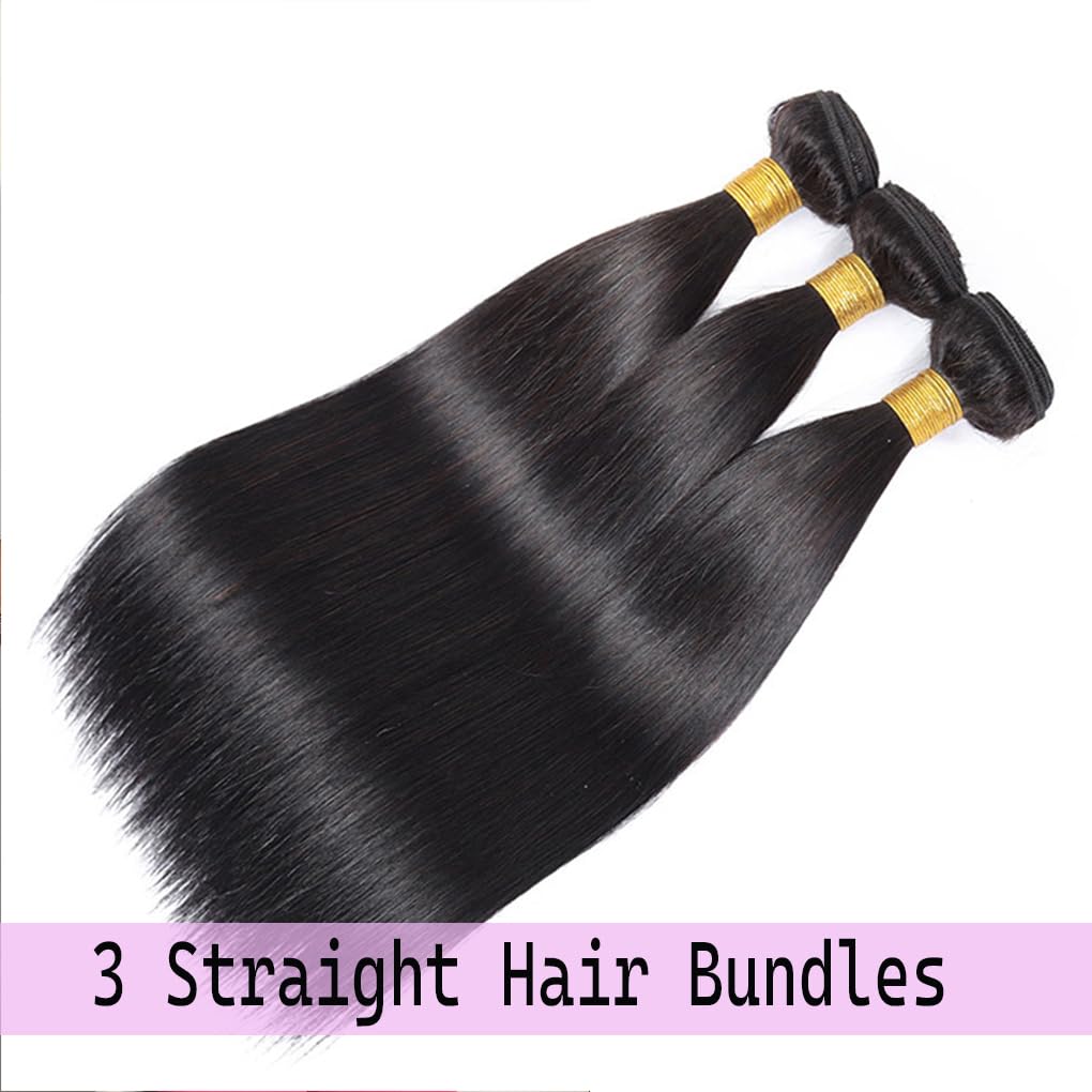 12A Brazilian Straight Bundles Human Hair 18 20 22 Inch, 100% Unprocessed Virgin Human Hair Bundles Straight, Sew In Hair Extensions Quick Weave 3 Glossy Hair Bundles, 300g/Pack Natural Black Color
