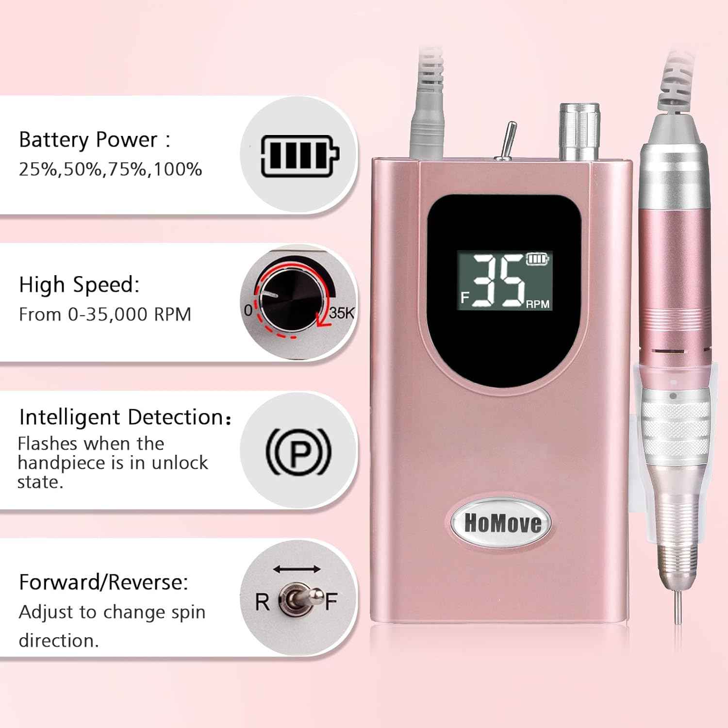 35000RPM Portable Nail Drill Machine, HoMove Professional Nail Drill Machine, Rechargeable Electric Efile Nail Drills for Acrylic Gel Nails, Cordless Portable Nails Drill【Rose Gold】