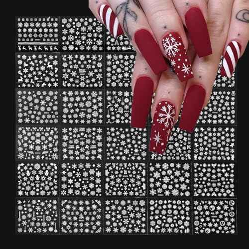 30Pcs Snowflake Nail Art Stickers Winter Christmas Nail Decals White Snowflakes Nails Designs 3D Self Adhesive Nail Supplies for Women DIY New Year Winter Holiday Manicure Decorations Accessories