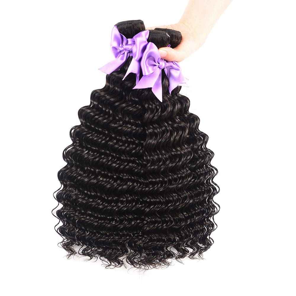 3 Bundles Deep Wave Virgin Human Hair with Lace Frontal Unprocessed Human Hair Extensions Natural Black Color (10 12 14+10)