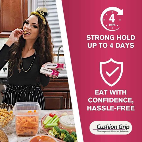 Cushion Grip Thermoplastic Denture Adhesive 1oz (10 Pack)–Extra Strong Hold Up to 4 Days, Unmatched Strength, Waterproof & Zinc Free, Relieves Sore Gums, Comfortable Refit, Long Lasting Denture Refit