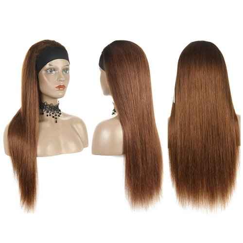 1B30 Straight Headband Wig Ombre Brown Human Hair Headband Wig 130% Density Grade 8A Brazilian Remy Hair Machine Made Wigs Dark Brown Color 20 Inch