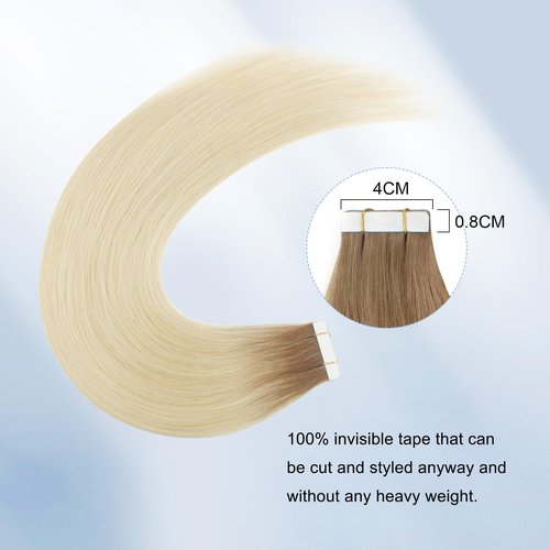 Sixstarhair Ombre Tape In Hair Extensions 20Pieces 50 Grams Fashion Remy Hair Chestnut Brown Fading to Ash Blonde, Bleached Blonde Remy Salon Quality Human Hair [Color R6-60#-20 inch]