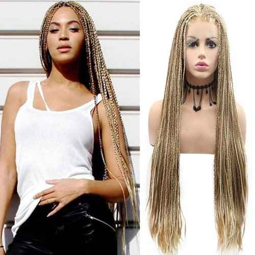 Highlight Blonde Box Braided Wig Micro Lace Front Wigs for Women Long Braid Synthetic Hair Wig Glueless Lace Wig Natural Hairline Synthetic Heat Resistant Fiber Hair for Women 26Inch(Brown)
