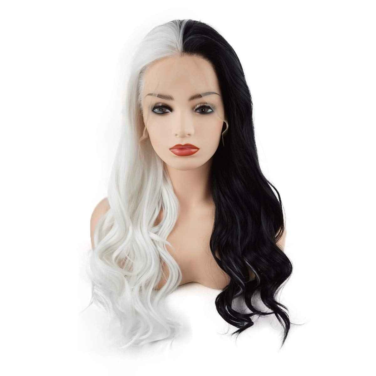 Meiyite Hair Wavy Long 24inch Half Black and Half White Mix Half Hand Tied Heat Resistant Synthetic Lace Front Wigs