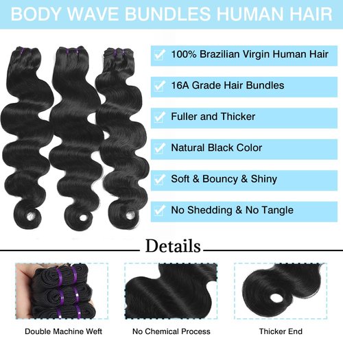 Beautymoon 100% Unprocessed Short Human Hair Bundles Brazilian Body Wave Bundles 14 14 14 Inch Bundles Human Hair Body Wave 16A Natural Black Weave Bundle for Women