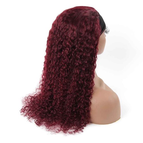 Kislemon Curly Headband Wig for Black Women, Ombre Dark Red 100% Unprocessed Human Hair Wigs, Burgundy Color Red Wine None Lace Front Wigs with Headband (24'', 1B/Burgundy, Curly), Ombre 1B/99J, Curly