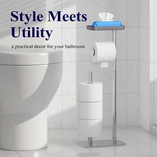 Kitsure Toilet Paper Holder Free Standing – Rustproof Metal Toilet Paper Stand for 4 Rolls with Anti-Slip Base and Shelf for Phone & Small Items, Bathroom Organizers and Storage, Medium, Silver