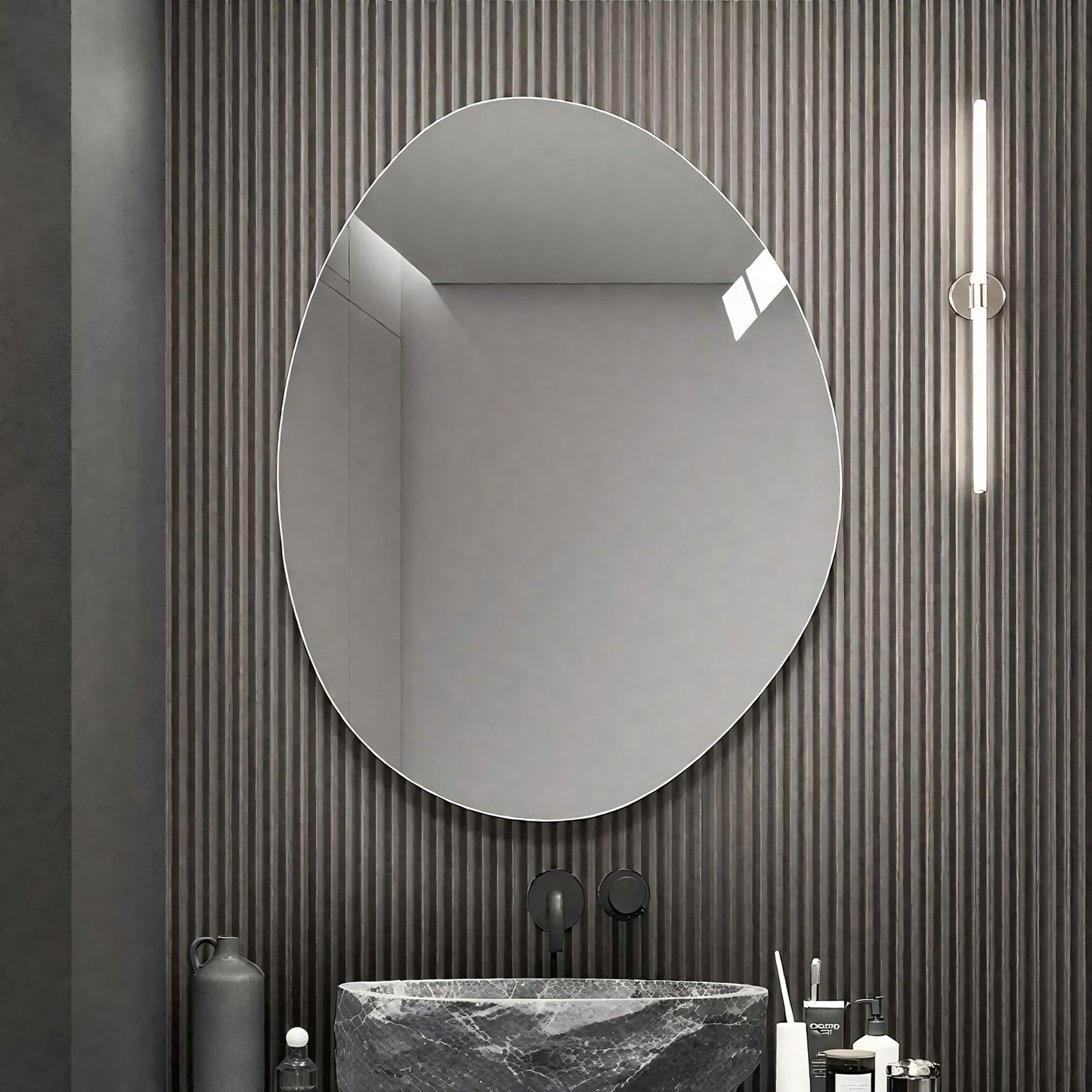Modern Asymmetrical Bathroom Wall Mirror - 40x32 in., Silver Glass