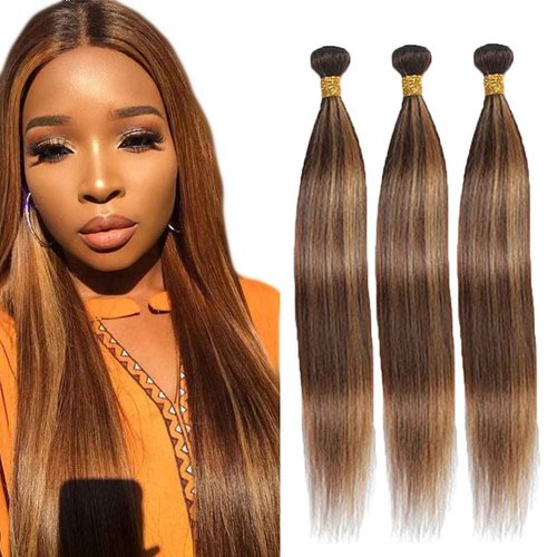 Highlight Brown Human Hair Bundles 8A Virgin Dark Brown Straight 3 Bundles 26 28 30 Inch 2 Tone Human Hair Bundle Honey Blonde Human Hair Extensions