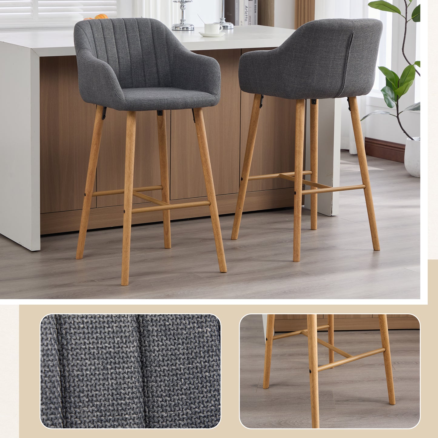 Modern Bar Stools Set of 2 - Gray Linen Upholstered Chairs