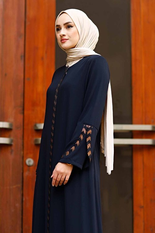 istanbul styles Women's Abaya Long Sleeve Open Quarry Floor Length Zipper Floor Length Turkish Islamic Fashion (Navy Bule, XX-Large)