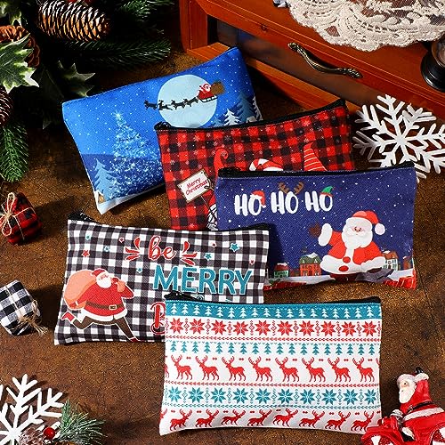 Abbylike 36 Pcs Christmas Makeup Bags Bulk Gifts Plaid Cosmetics Santa Gnomes Elk Snowman Xmas Purse Double Sided Goodie Bags for Women Travel Holiday Present,18 Styles
