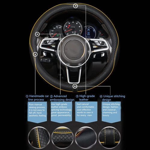 Gomass Car Steering Wheel Cover, Anti-Slip, Safety, Soft, Breathable, Heavy Duty, Thick, Full Surround, Sports Style (Black with Yellow Line)