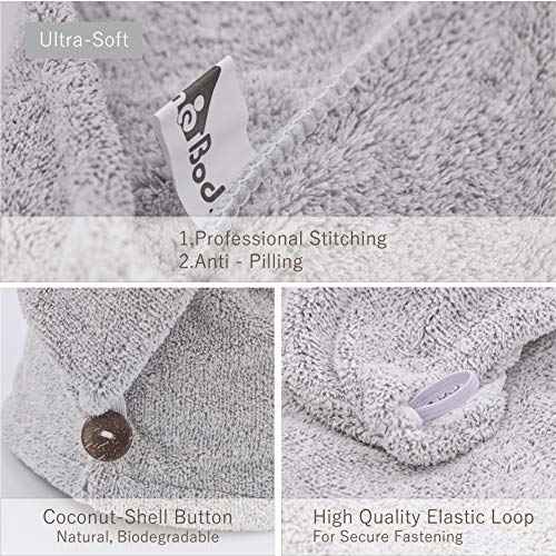 myHomeBody Hair Towel Wrap, Luxury Quick Drying Turban, Ultra Soft Absorbent Charcoal Fiber Cap, with Coconut Shell Button ? Gray