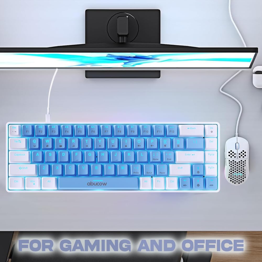 abucow 60% Mechanical Keyboard with Blue Backlight 68-Key Gaming Keyboard Gray-Black Keycaps - Red Switches for a Premium Typing and Gaming Experience PC Mac (Gray-Black)