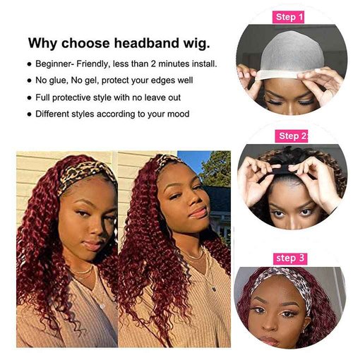 YiweYowe 26 Inch 1B99J Burgundy Headband Wig Human Hair 150% Density Grade 8A Unprocessed Brazilian Virgin Hairs Machine Made Ombre Red Deep Wave Headband Wig Human Hair None Lace Front Wig