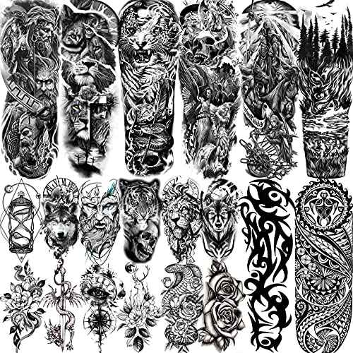 20 Sheets Extra Large Full Arm Temporary Tattoos For Men Adults, Tiger Snake Leopard Lion King Temporary Tattoos Sleeve For Women, Temp Waterproof Fake Tattoo Stickers For Kids Warrior Tatoos