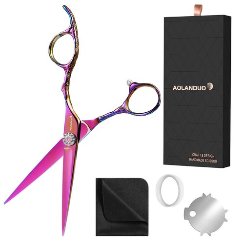 AOLANDUO Pink Professional Hair Scissors - VG10 Steel, Offset Handle, Case, Oil, Cloth - 1 Count, 6 in