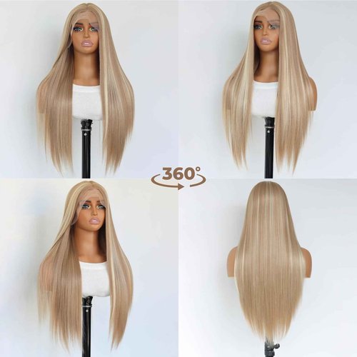 SALLYWELL Honey Blonde 13×4 Lace Front Wig Honey Blonde Highlights Heat Resistant Synthetic Wig For Women 180% Density 24Inch