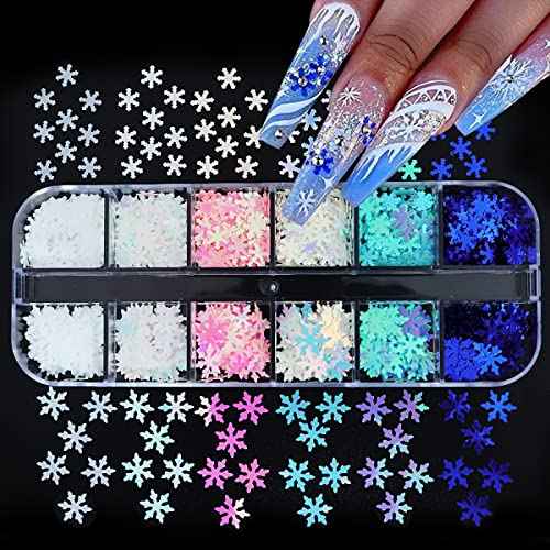 12 Grids Snowflake Nail Art Glitters 3D Snowflakes Nail Glitter Flakes Confetti Design Snowflakes Nails Stickers Decals Winter Christmas Glitter Sequins Nails Art Supplies for Women Grils Decor Xmas