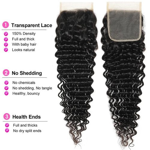 Releek Deep Wave Human Hair Bundles With 4X4 Lace Closure Free Part (10 12 14+10) Inch Human hair 3 Bundles with Closure 100% Unprocessed Wet and Wavy Blonde Deep Water Wave Human Hair Extensions