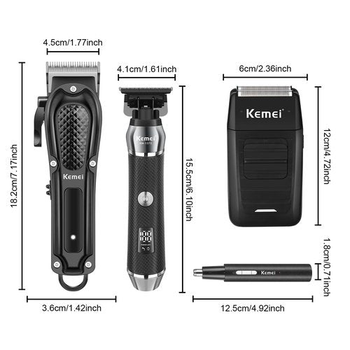 KEMEI Professional Hair Clippers for Men, Cordless Barber Clipper Beard Trimmer Foil Shaver Nose Eyebrow Ear Trimmer Set, USB Charging Complete Electric Hair Cutting Grooming Kit with 11 Guide Combs